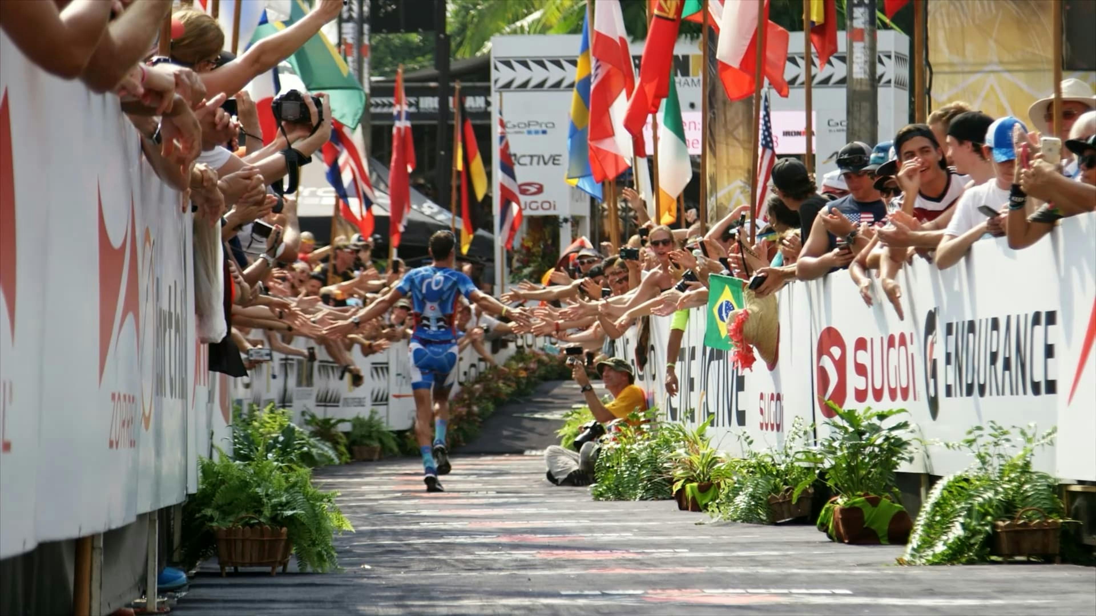 Runner high fiving crowd as he runs