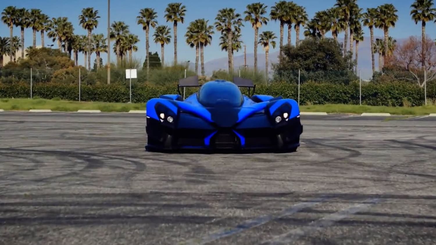 Front view of sports car in front of palm trees