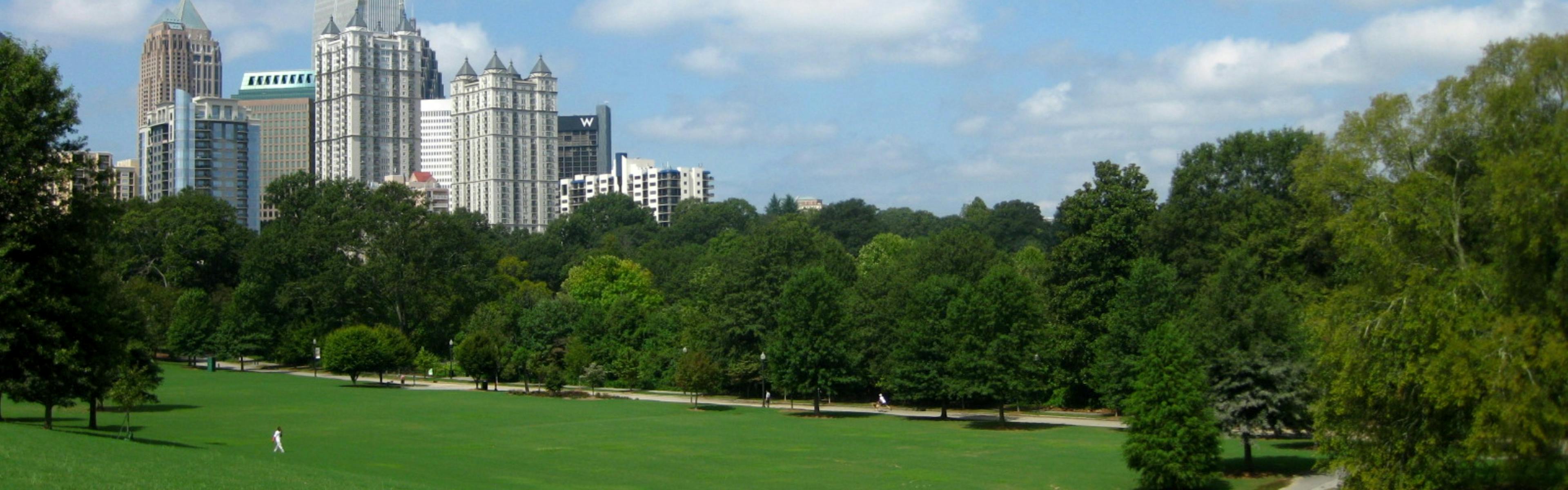 Daytime view of bright green grass with full trees and a cloudy sky with tall city buildings in the background
