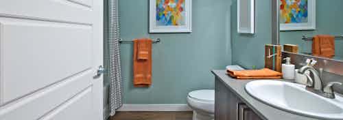 Apartment bathroom with colorful artwork and gray counters at AMLI South Lake Union.