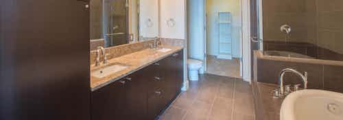 AMLI Design District apartment bathroom with double granite vanity and oval garden tub and glass shower and closet