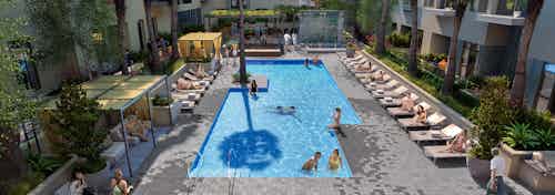Rendering of AMLI Old Pasedena residents enjoying a resort style pool and spa lined with large plants and lounge chairs