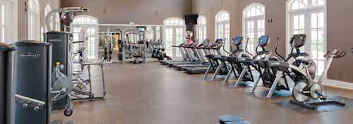 Interior view of fitness center at AMLI Memorial Heights apartments with strength and cardio machines and many windows
