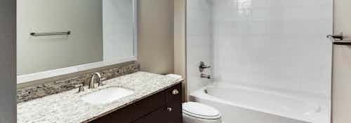 Interior view of AMLI Frisco Crossing apartment bathroom with granite countertop and espresso cabinets and oval garden tub