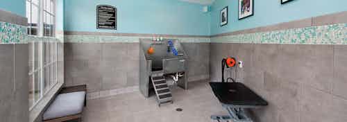 AMLI Piedmont Heights paw wash room with stainless steel dog tub and grooming area to dry off with grey tiled floor and walls