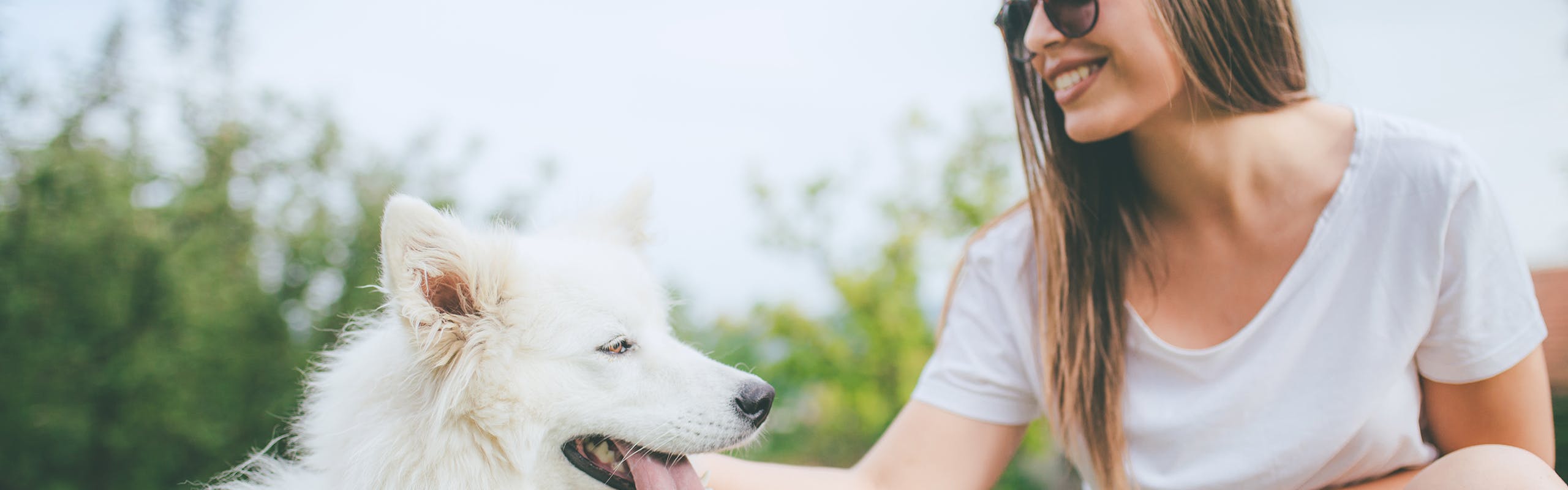 Woman in white tshirt with sunglasses petting a white Huskie dog with tongue hanging out at park