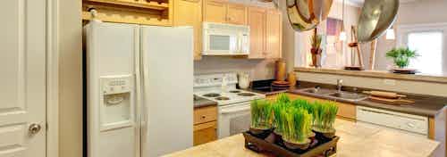 Interior of kitchen at AMLI Memorial Heights with white appliances, light wood cabinets and pots hanging overhead