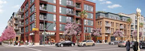 Rendering of pedestrians and cars passing by the AMLI Old Pasadena building featuring tall windows and lined by spring trees