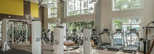 Interior of the fitness center at AMLI Sawgrass Village with treadmills and weight machines and vibrant walls