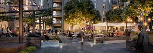 Nighttime rendering of AMLI Old Pasadena residents enjoying apartment courtyard with bright lighting and ample seating