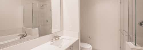 Interior view of AMLI Design District apartment bathroom with oval garden tub, stand-up glass shower and modern fixtures