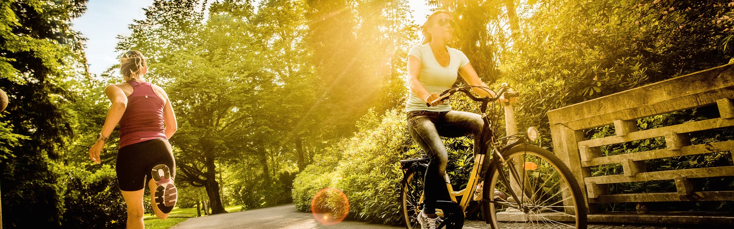 A runner and a biker traveling in opposite directions on a paved park path surround by trees with golden sun shining though