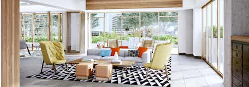 AMLI Old Pasadena clubroom rendering with tall windows featuring tile flooring and vibrant furniture with natural lighting