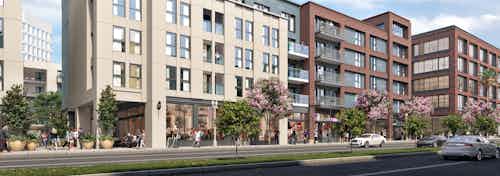 AMLI Old Pasadena building exterior rendering featuring ample windows and vibrant green trees with daytime sky in background