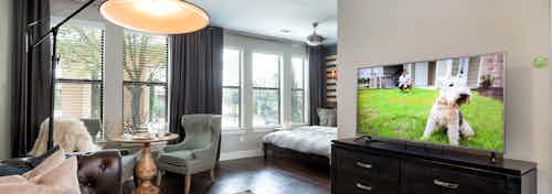 AMLI Campion Trail studio apartment living room with large screen TV at right and bedroom area and large windows toward back
