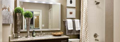 Interior view of AMLI Campion Trail apartment bathroom with granite countertop and framed mirror and oval garden tub