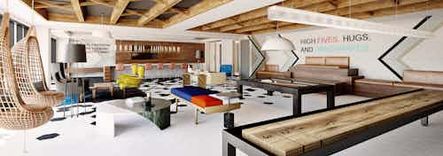 AMLI Old Pasadena clubroom rendering featuring ceiling beams and wicker chairs with vibrant stencils and modern entertainment