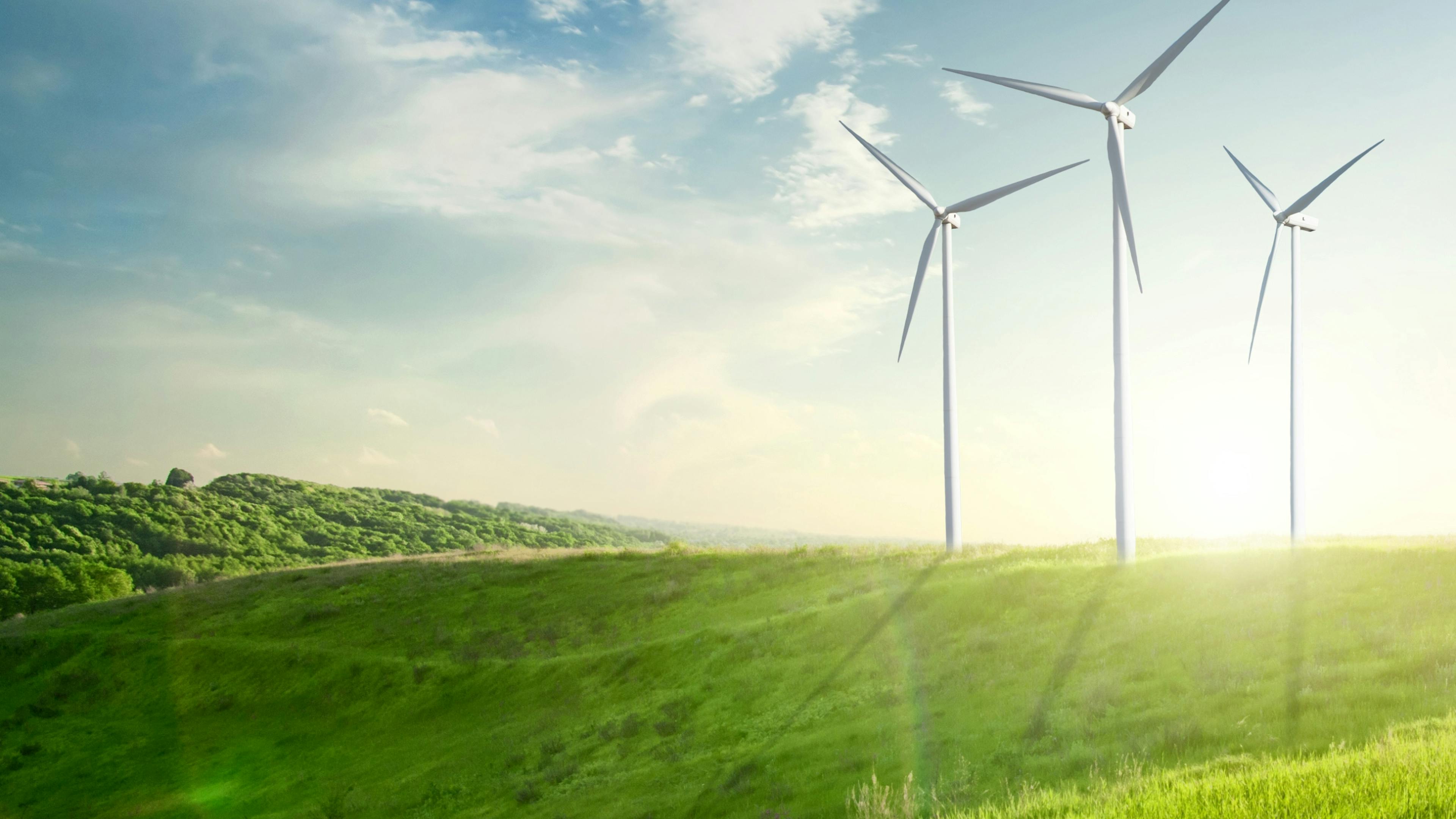 Bright green grassy hill with three white wind turbines rising tall against blue sky with wispy clouds and sun shining low