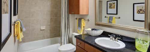 Interior view of AMLI Las Colinas apartment bathroom with black granite vanity, wood cabinetry and bathtub/shower