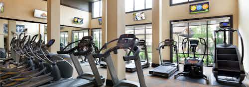 AMLI Campion Trail fitness center with treadmills and cardio machines and mounted TVs and large two-story windows