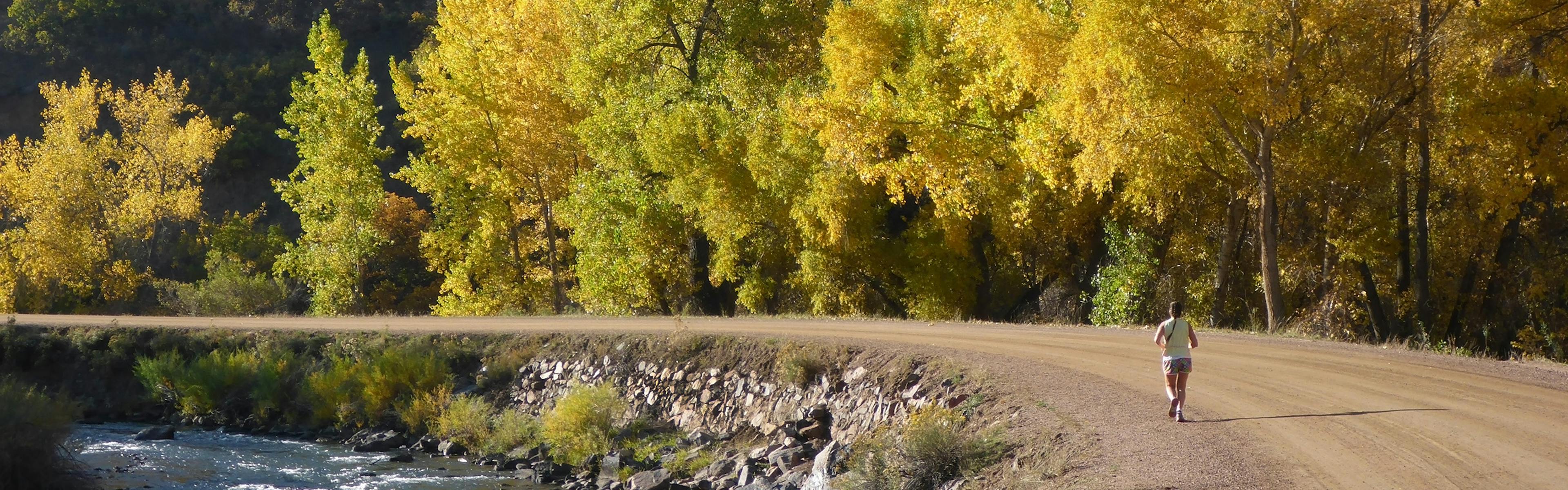 An individual jogging down a long dirt path in Denver during the day with a river and trees with yellow leaves and bushes