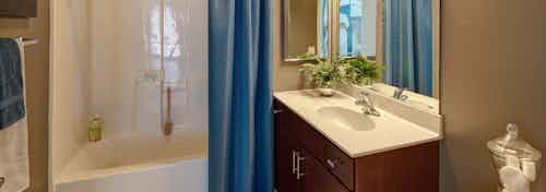 Interior view of an AMLI 900 bathroom featuring a white shower and bathtub alongside a dark wood vanity and tan colored walls