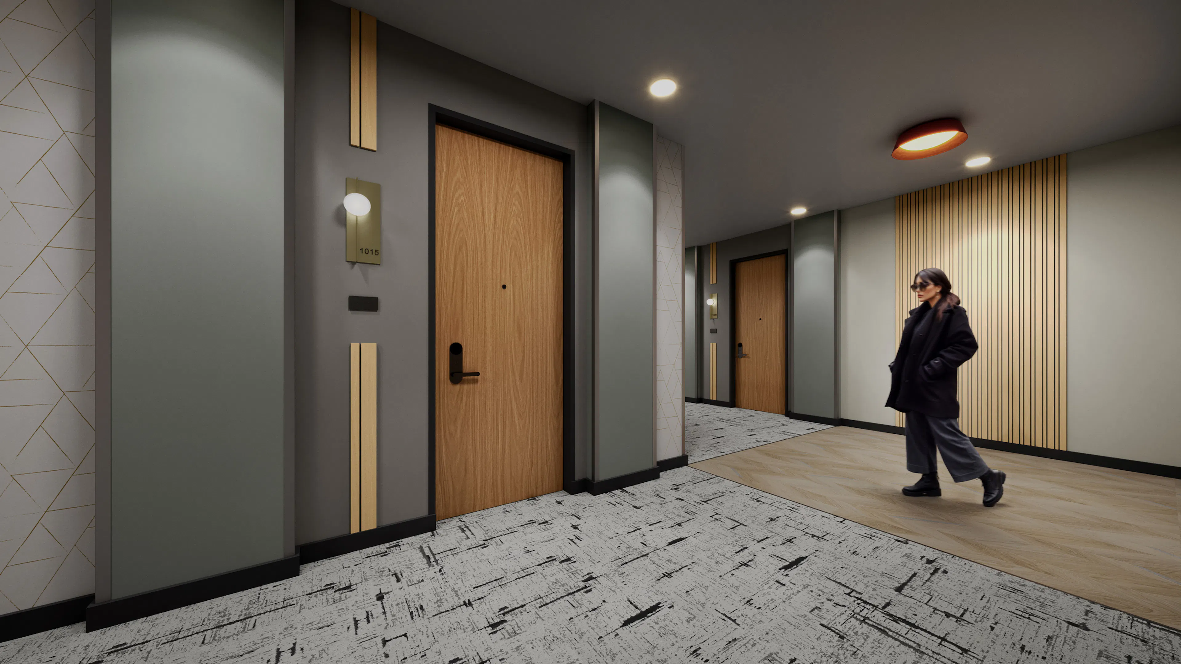 Interior view of AMLI Village Park apartment hallway with contemporary lighting wood entry doors and designer wall accents