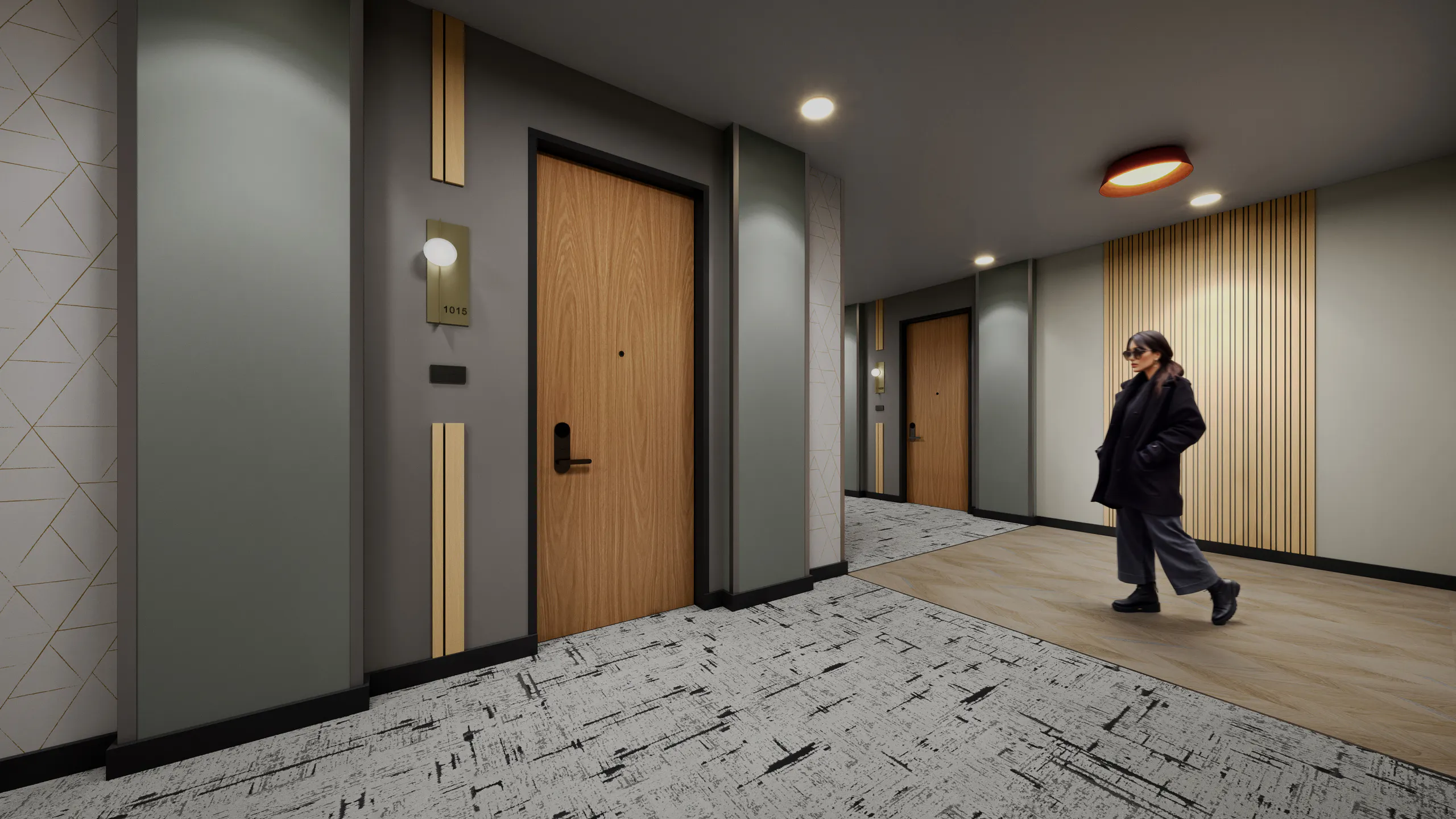 Interior view of AMLI Village Park apartment hallway with contemporary lighting wood entry doors and designer wall accents