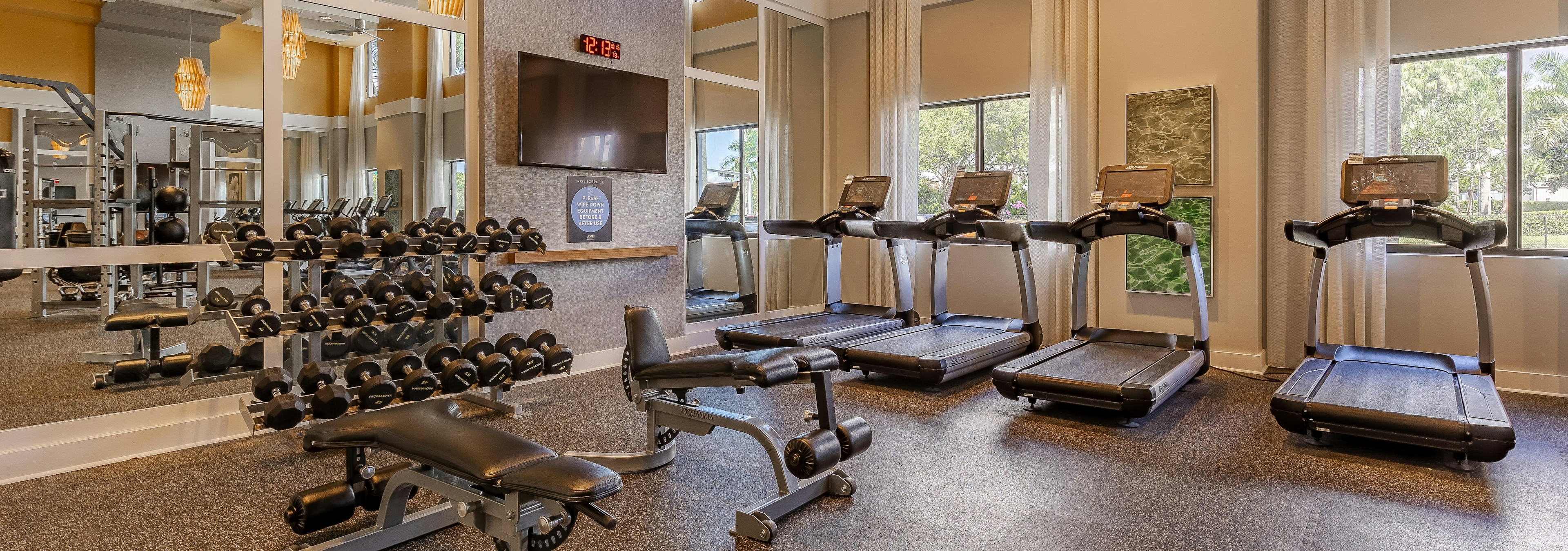 The AMLI 8800 apartment fitness center with treadmills and free weights with a wall of mirrors and a TV on the wall