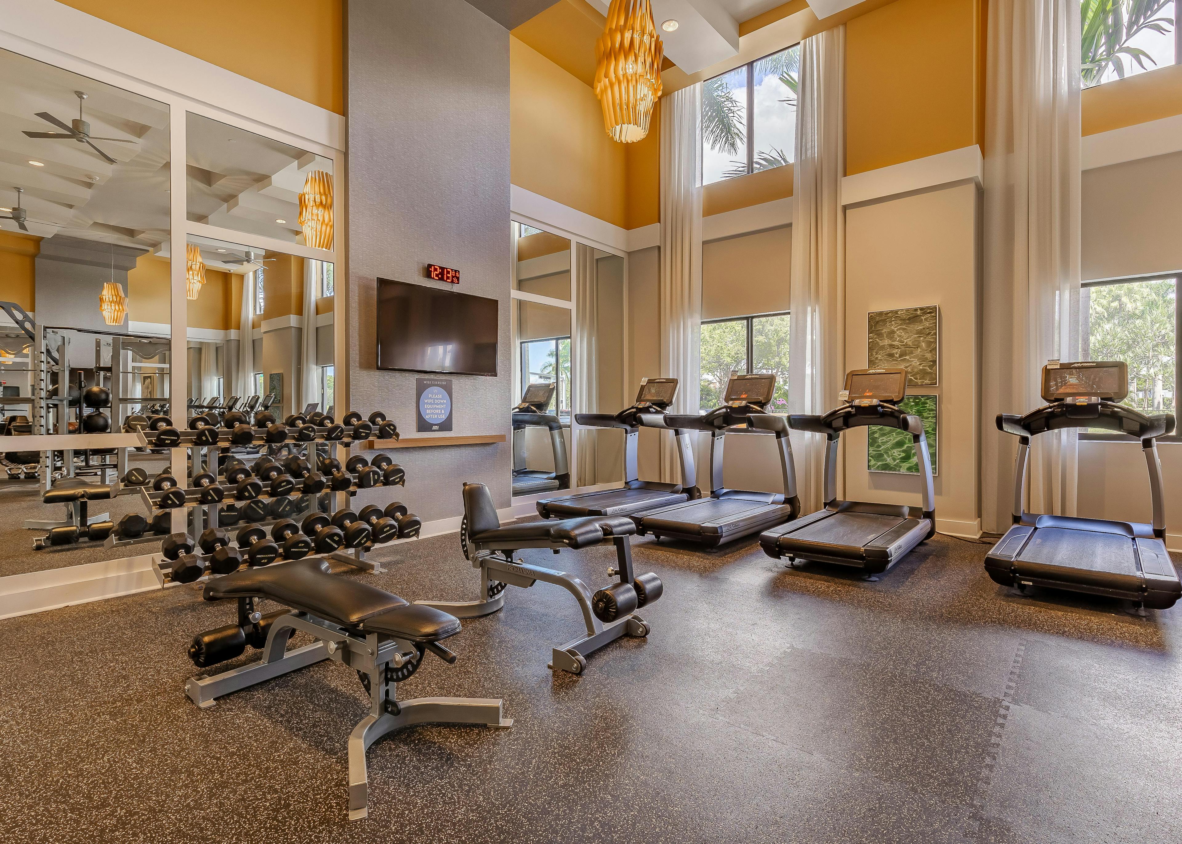 The AMLI 8800 apartment fitness center with treadmills and free weights with a wall of mirrors and a TV on the wall 