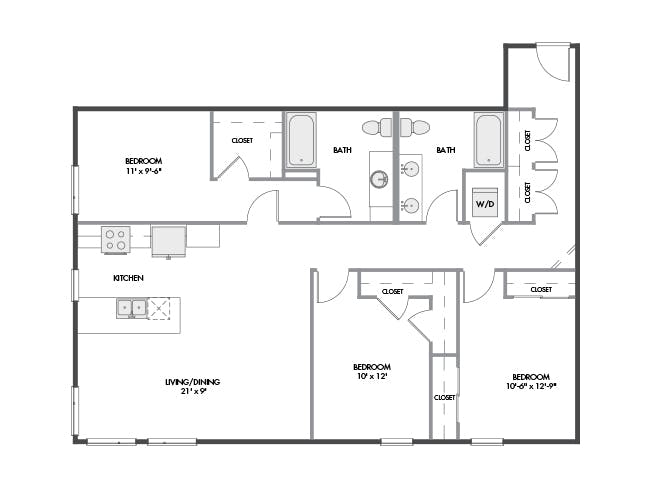 D5 floor plan, 3 Bedroom, 2 Bathroom at AMLI Spring District apartments