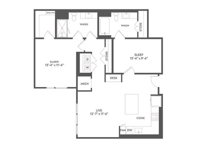 C5a floor plan, 2 Bedroom, 2 Bathroom at AMLI Art District apartments
