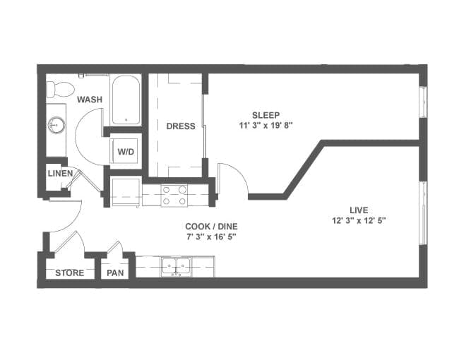 A3b floor plan, 1 Bedroom, 1 Bathroom at AMLI Mark24 apartments
