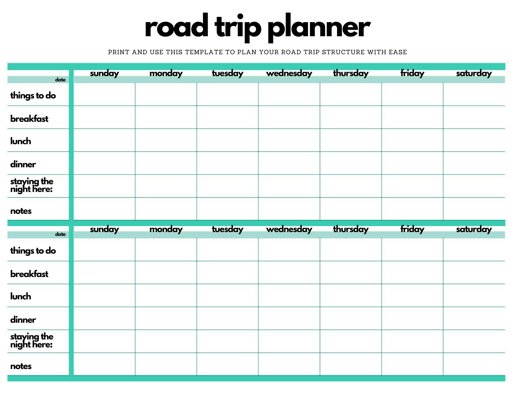 trip planning sheet