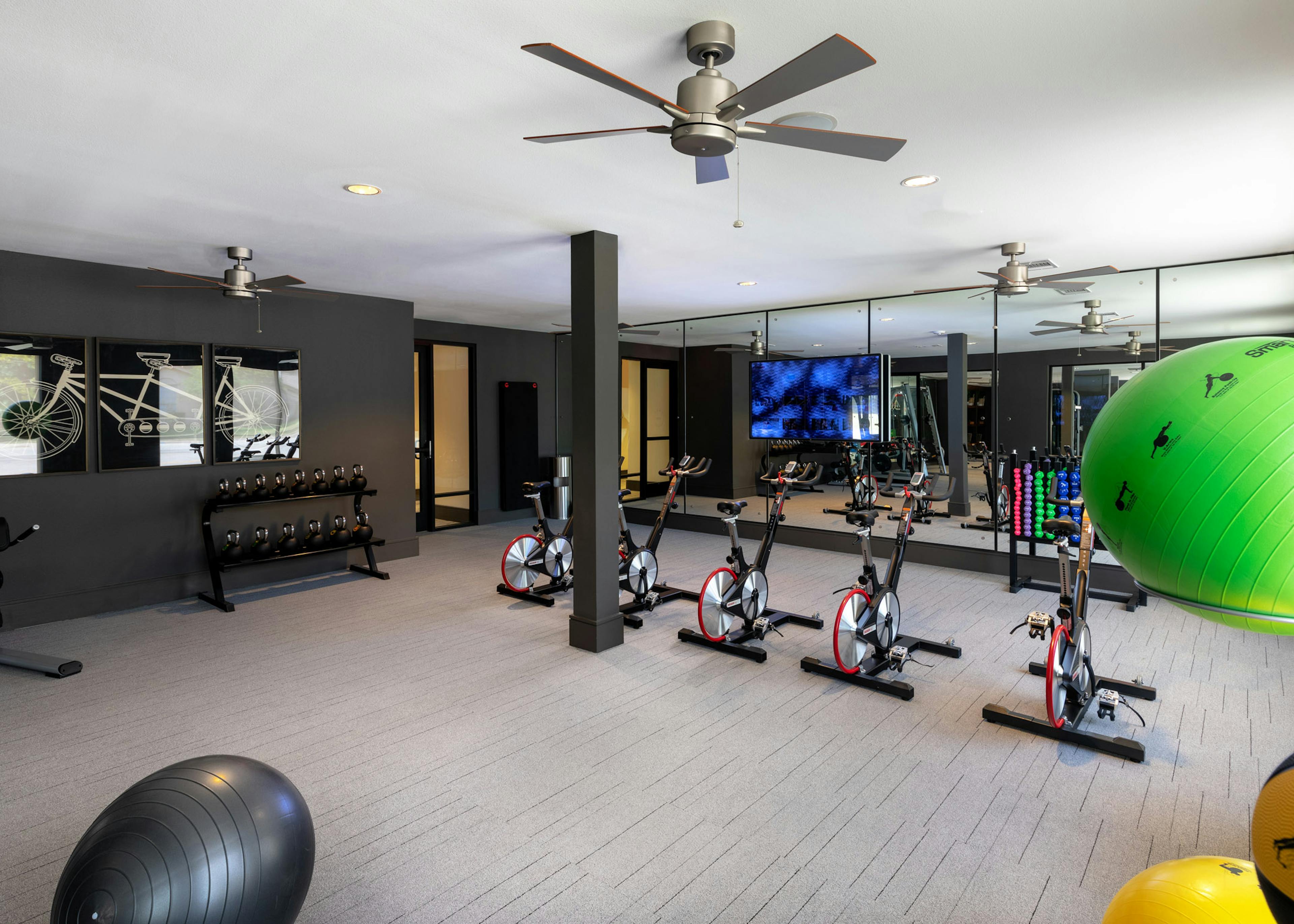 AMLI Grapevine fitness room with floor to ceiling windows and standalone spin bikes and multi-colored exercise balls