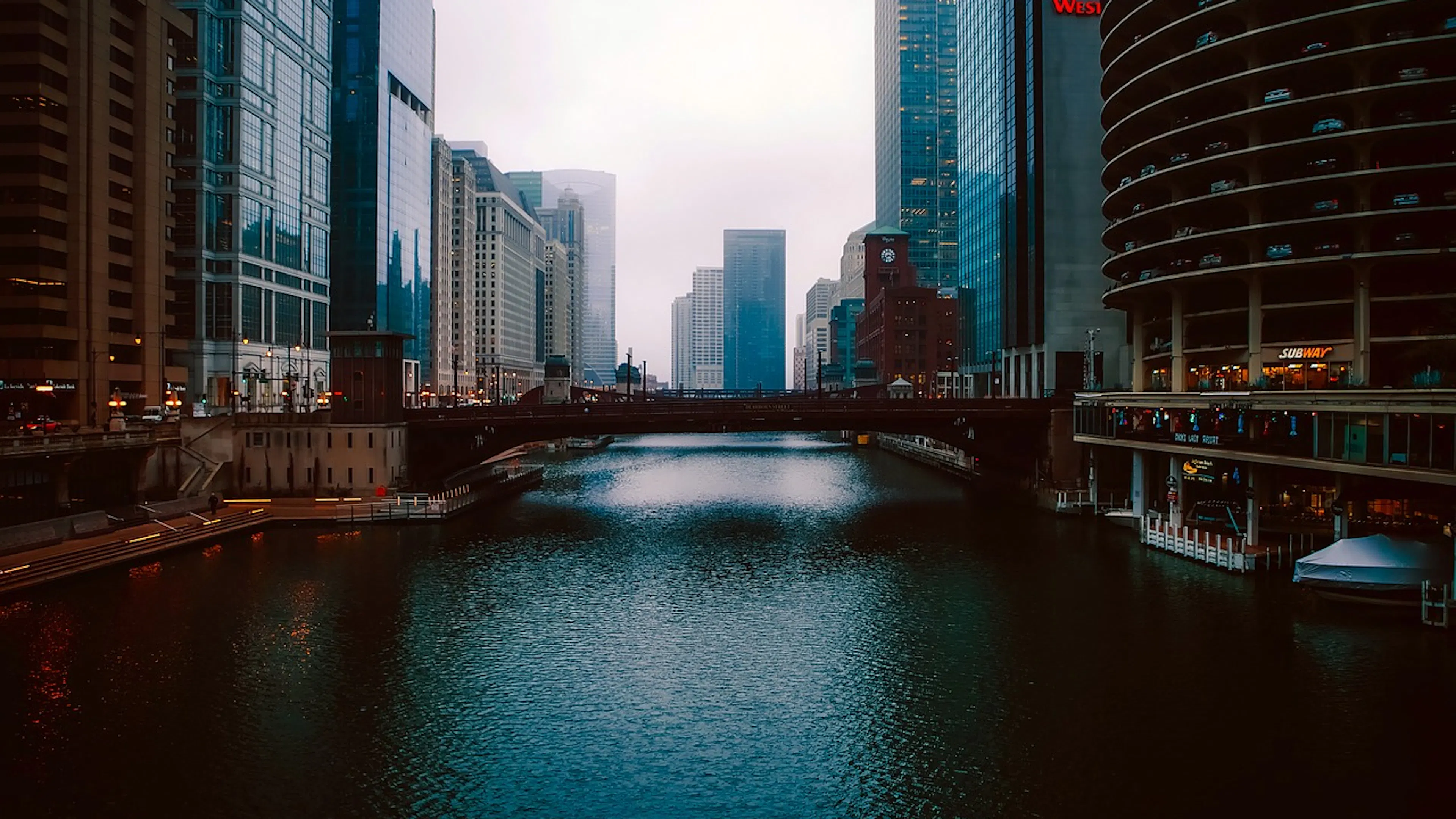 View of a bridge crossesing the Chicago River from the Loop to River North near the Marina City towers site