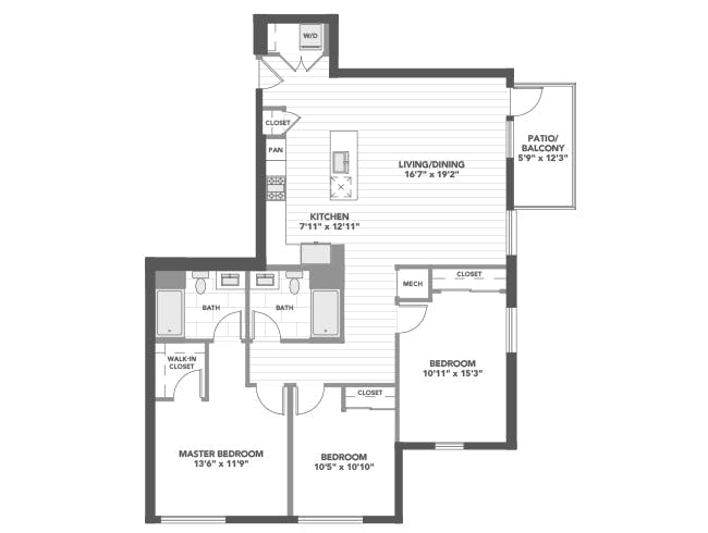 D5a floor plan, 3 Bedroom, 2 Bathroom at AMLI Old Pasadena apartments
