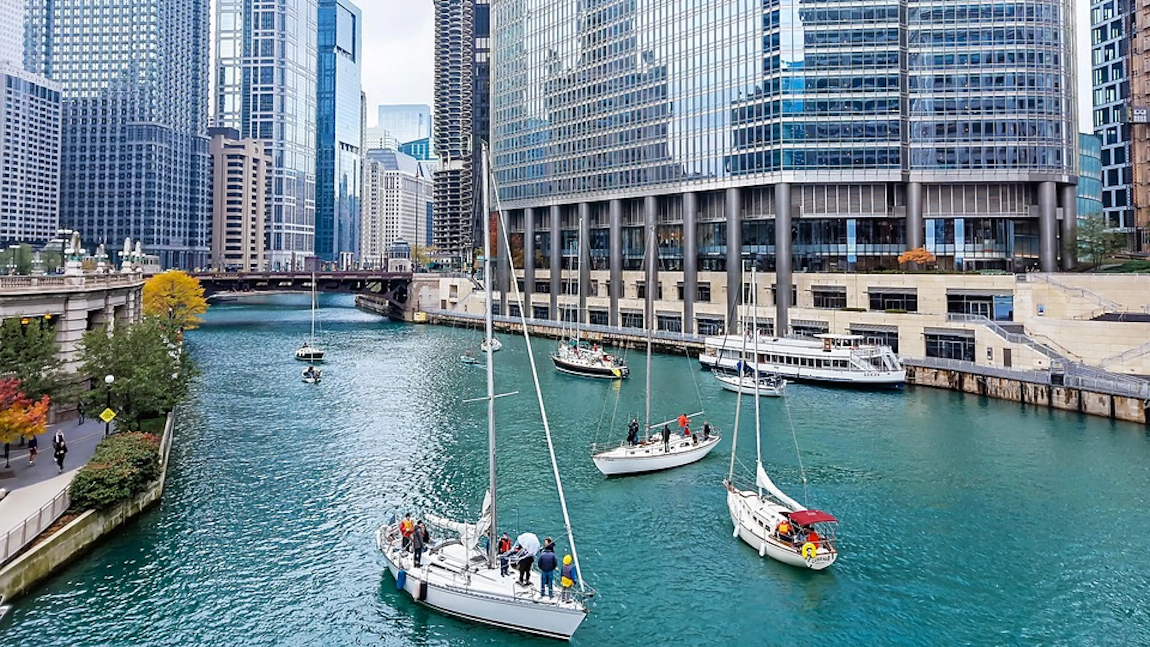 The Chicago River next to the Trump Tower in Downtown Chicago with a few sailboats on the water