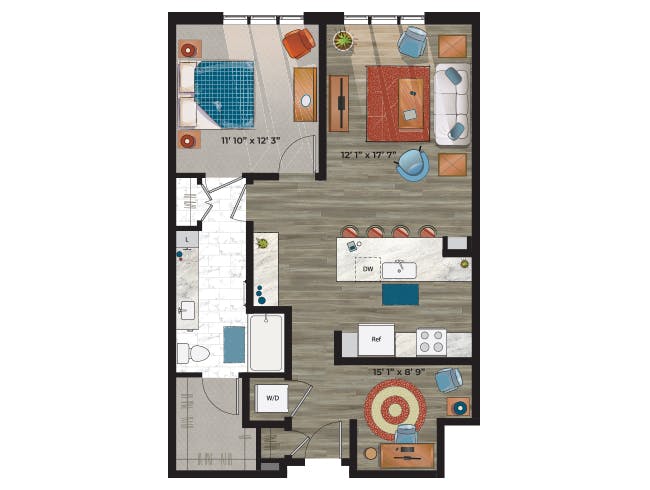 A5eD floor plan, 1 Bedroom, 1 Bathroom, Den/Office at AMLI at Uptown apartments