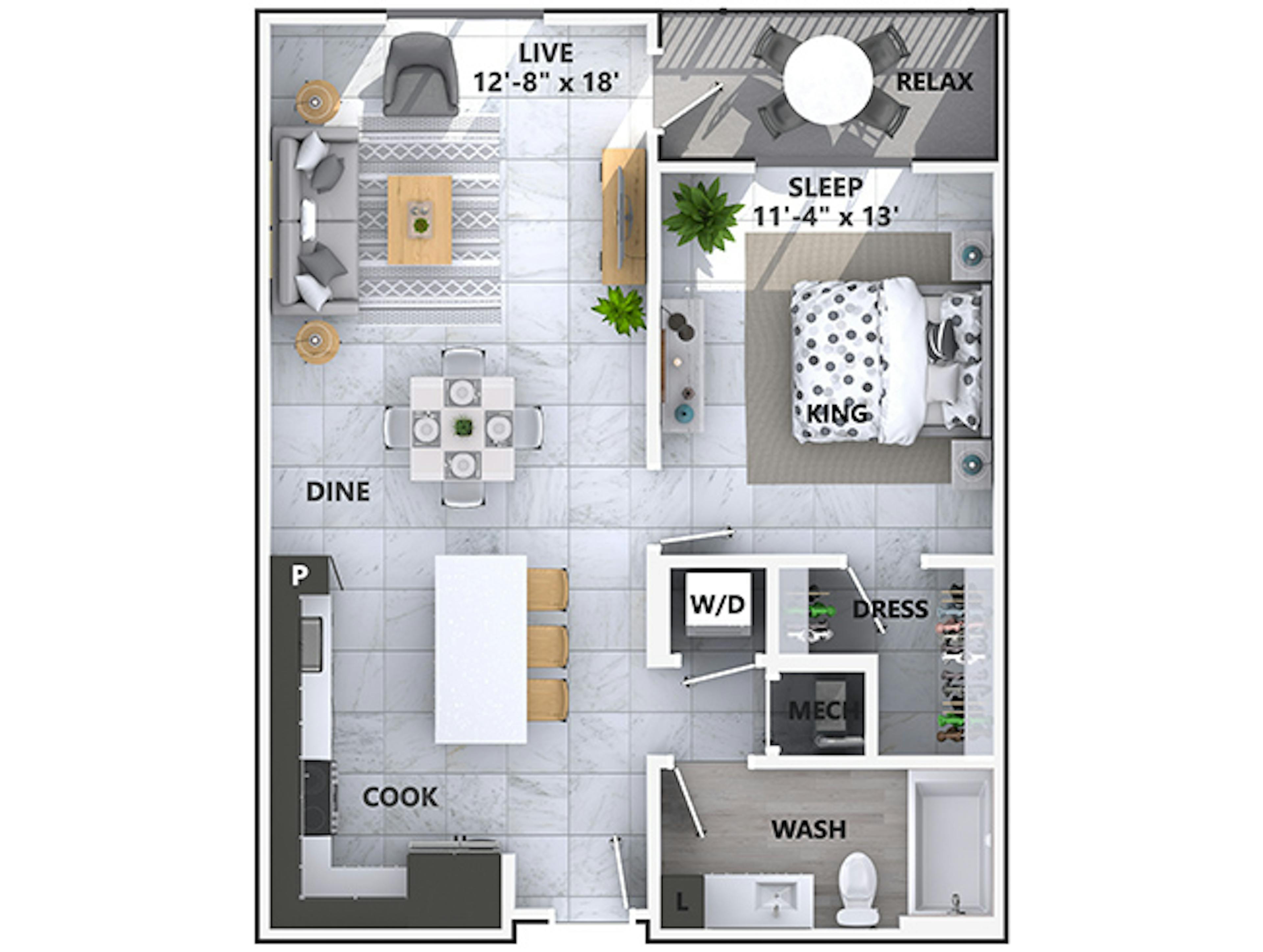 A3 floor plan, 1 Bedroom, 1 Bathroom at AMLI Park West apartments