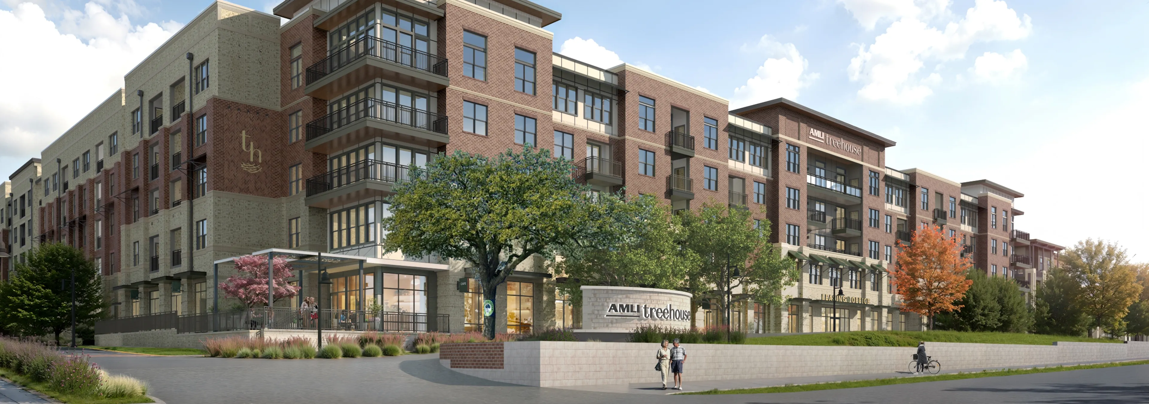 Exterior rendering of the front of AMLI Treehouse with brick and stone, balconies, parking, and a sidewalk with people.