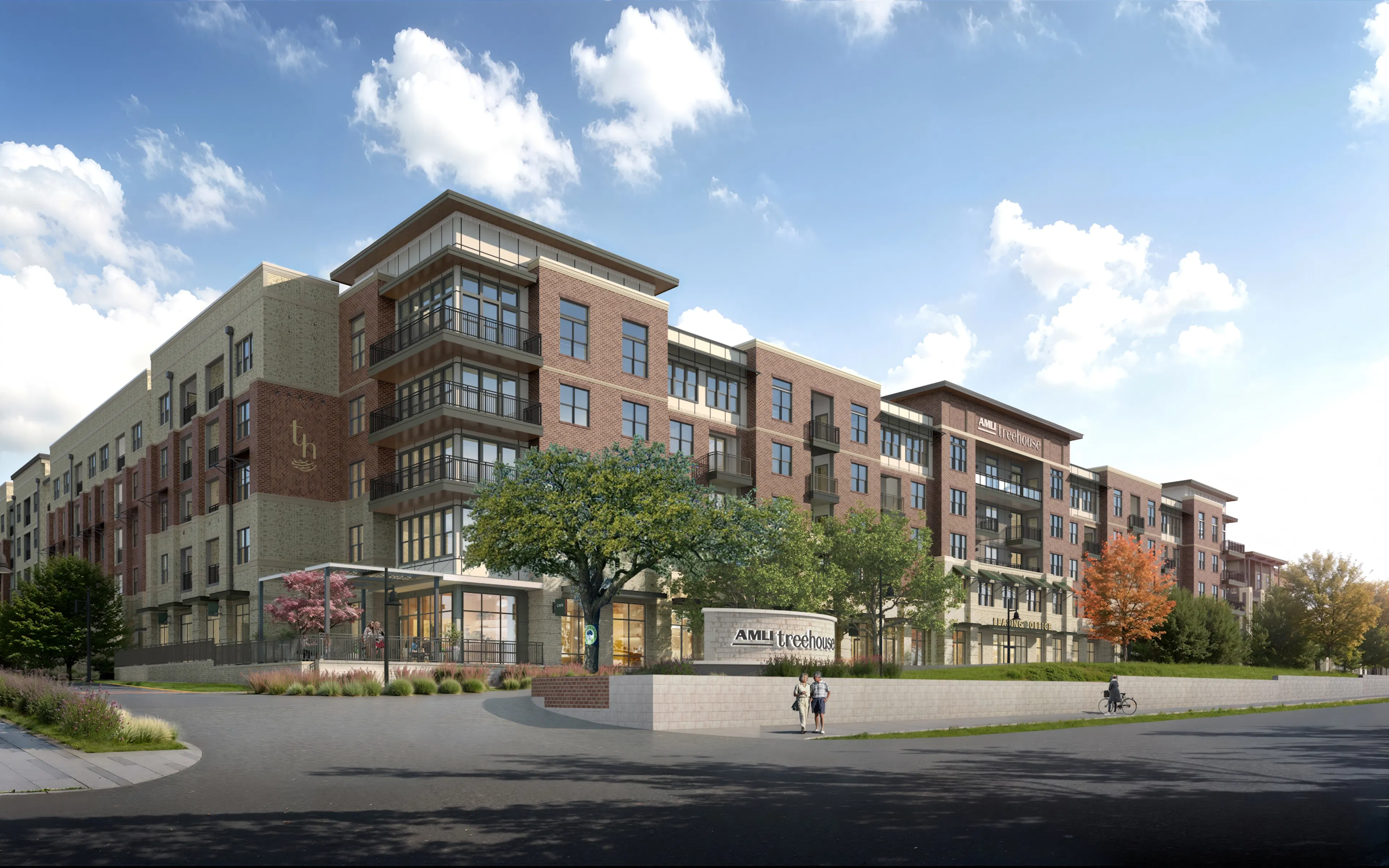 Exterior rendering of the front of AMLI Treehouse with brick and stone, balconies, parking, and a sidewalk with people.