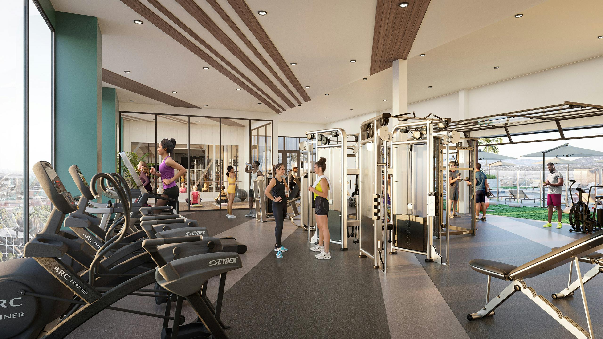Rendering of AMLI Aero fitness center with people using equipment and talking next to weight racks and glass yoga studio