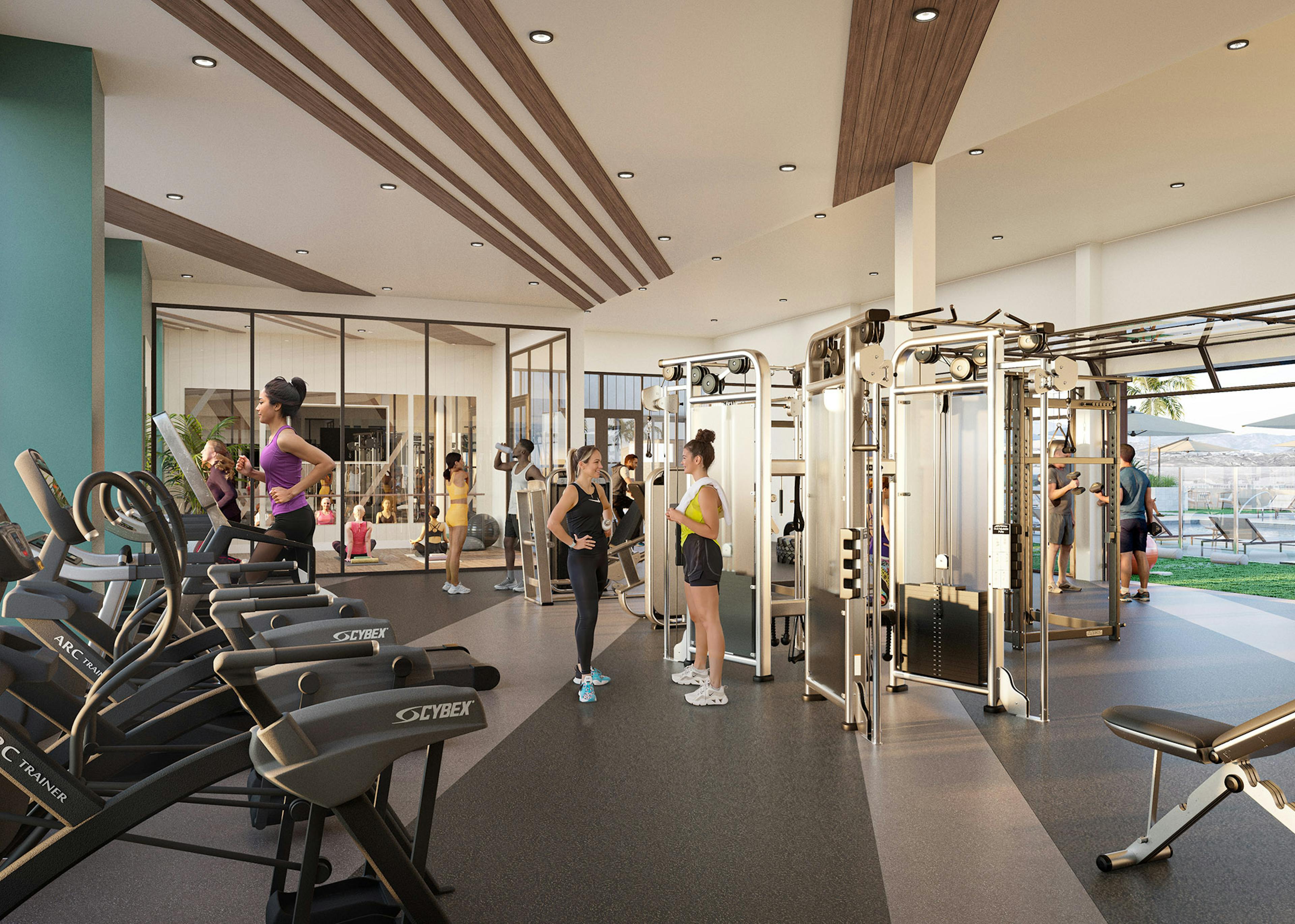 Rendering of AMLI Aero fitness center with people using equipment and talking next to weight racks and glass yoga studio