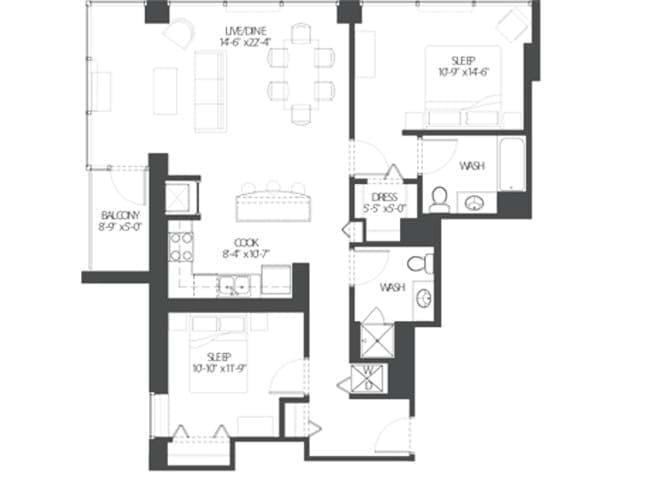 Savvy floor plan, 2 Bedroom, 2 Bathroom at AMLI 900 apartments