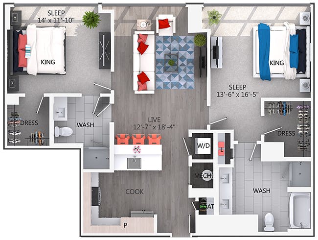 C5a floor plan, 2 Bedroom, 2 Bathroom at AMLI Arts Center apartments