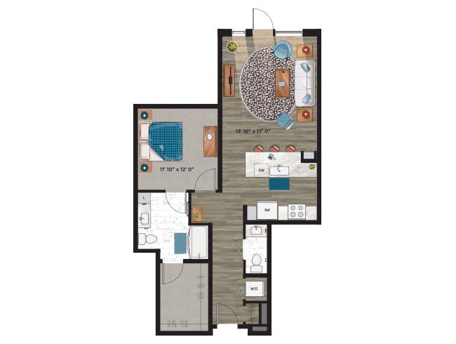 A5aNW floor plan, 1 Bedroom, 1 Bathroom at AMLI at Uptown apartments