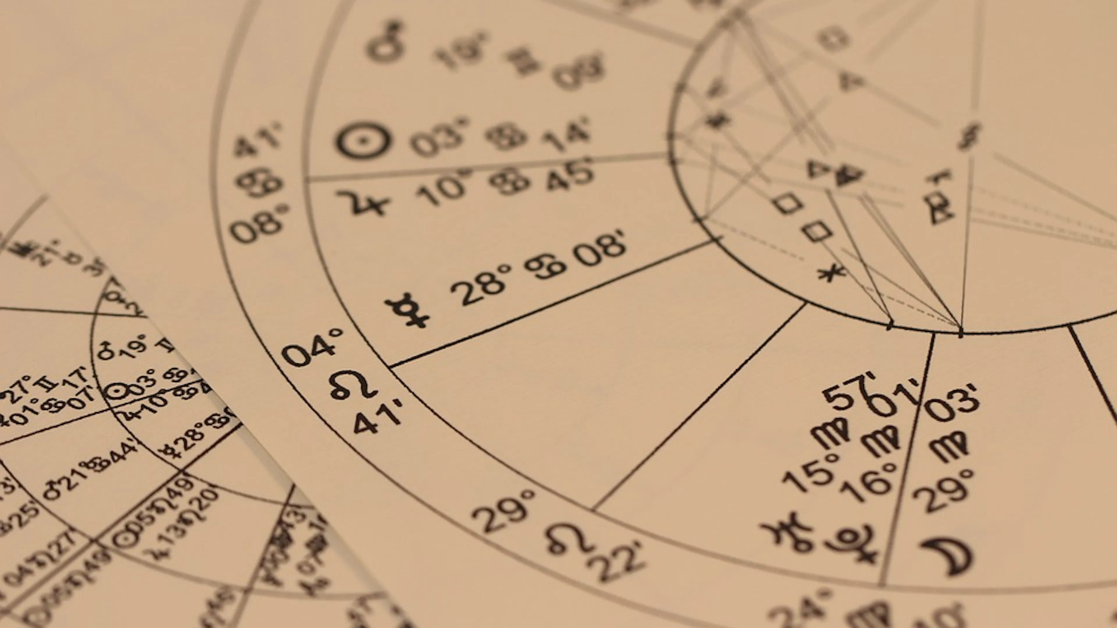 A close up of an astrological chart with coordinates and horoscope symbols