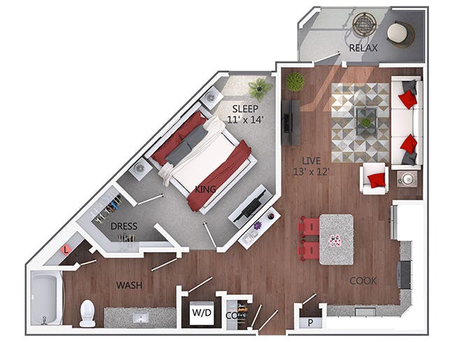 A3 floor plan, 1 Bedroom, 1 Bathroom at AMLI Denargo Market apartments