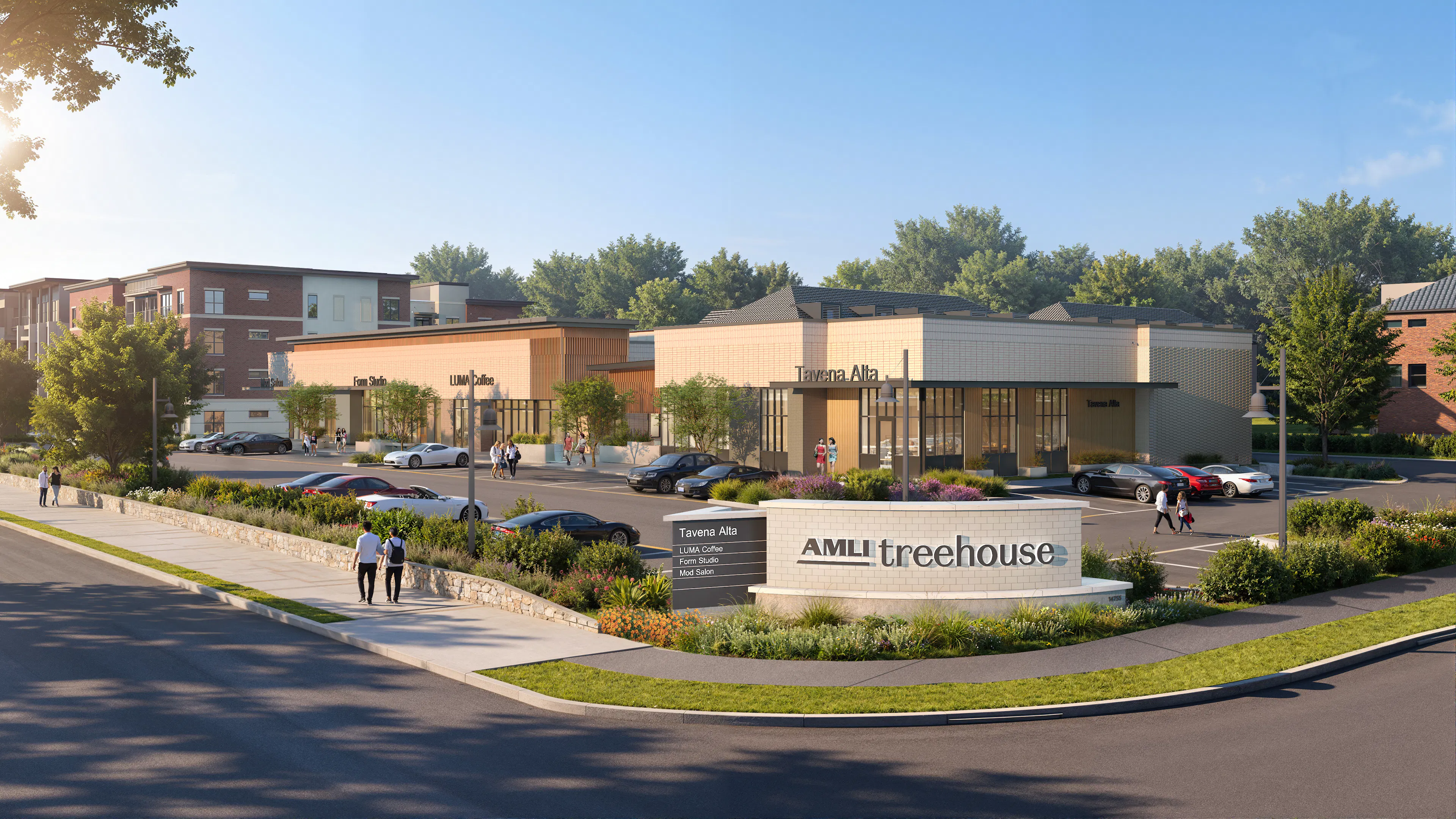Rendering of view of standalone restaurants and retail at AMLI Treehouse